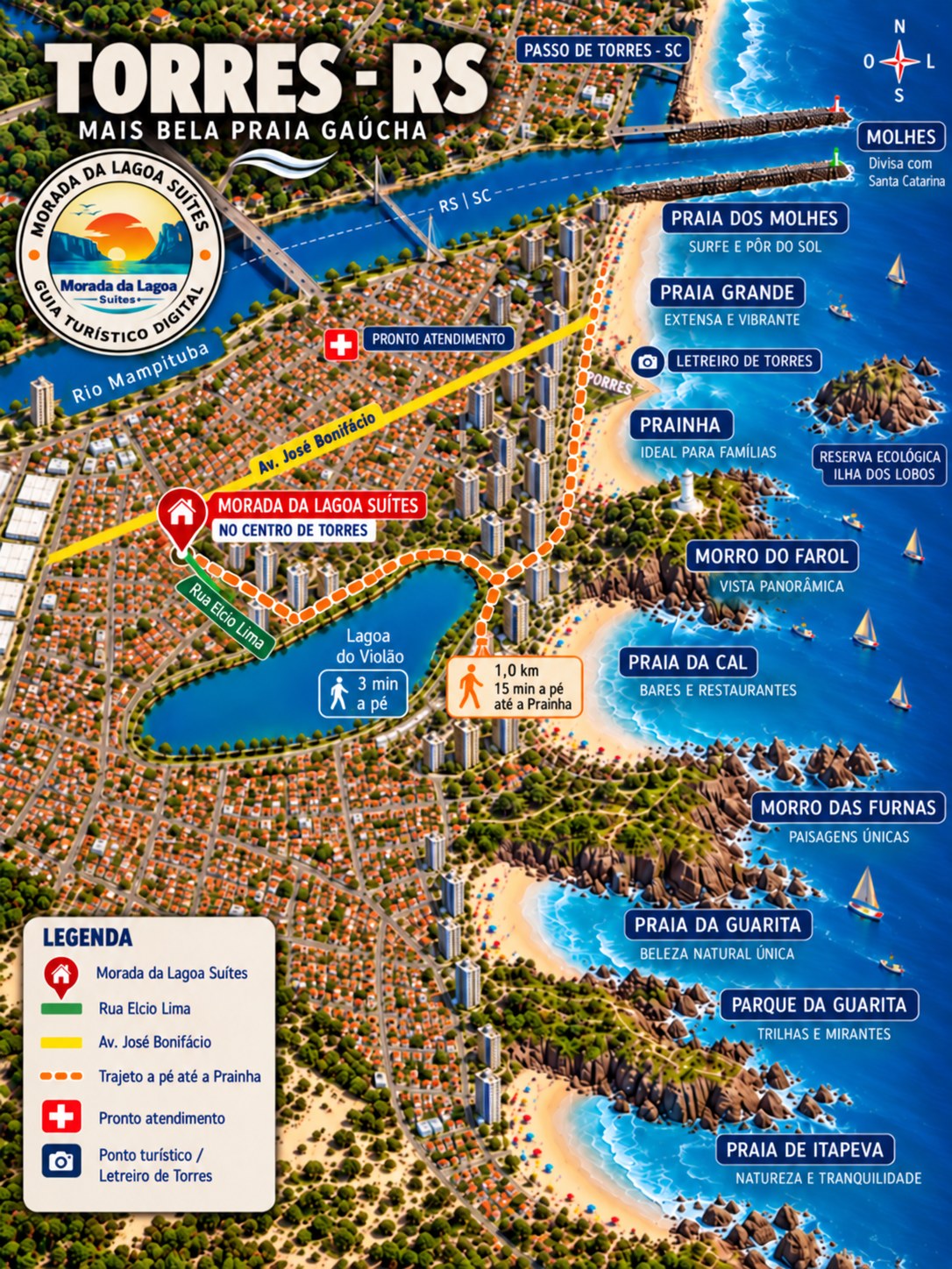 Mapa ilustrado de Torres/RS com a Morada da Lagoa Suítes no Centro, a Lagoa do Violão, as praias dos Molhes, Grande, Prainha, da Cal, da Guarita e de Itapeva e os morros do Farol e das Furnas